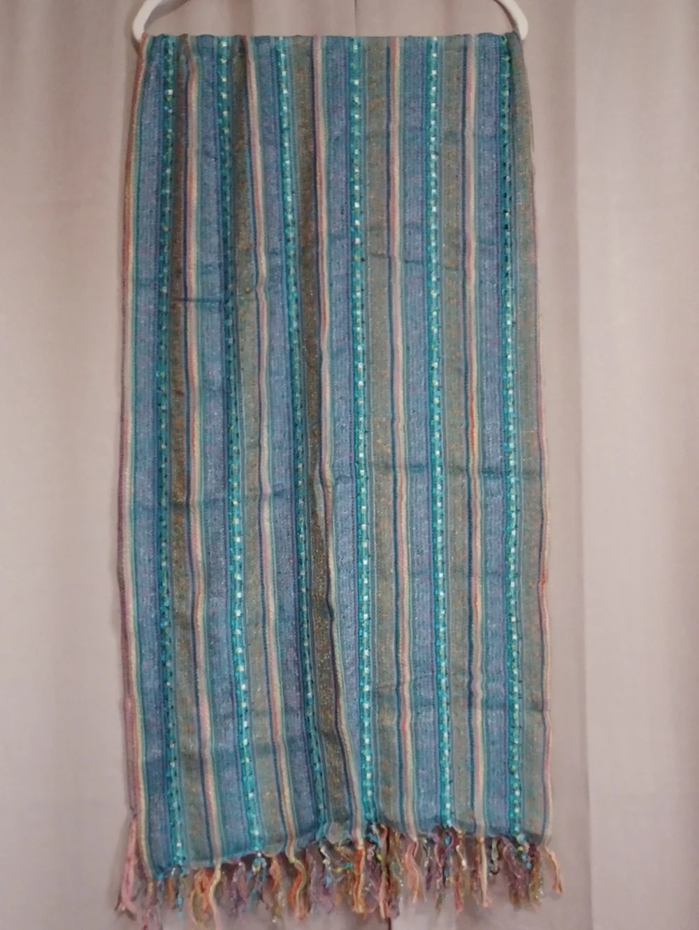 Boho Striped Fringe Scarf Shawl Wrap 72×20 Textured Open Knit Blue Pink Sparkle